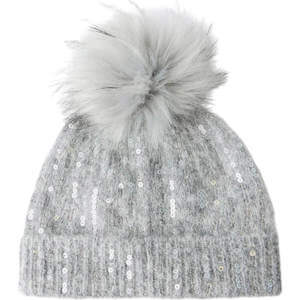 Mint Velvet Grey Sequin Wool Blend Pom Pom Hat